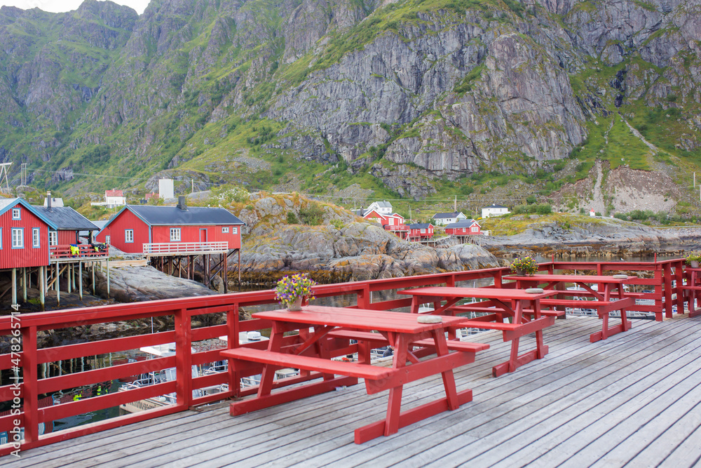 Beautiful A village in nothern Norway, very southwest Lofoten, the village with the shortest name with typical wooden red cabins Beautiful A village in nothern Norway, very southwest Lofoten, the village with the shortest name with typical wooden red cabins
