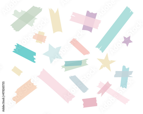 Colorful ripped scotch, sticky tape, torn paper pieces of different size and shape such as strips and stars isolated on white background. Patterns of adhesive tapes cartoon vector illustration set