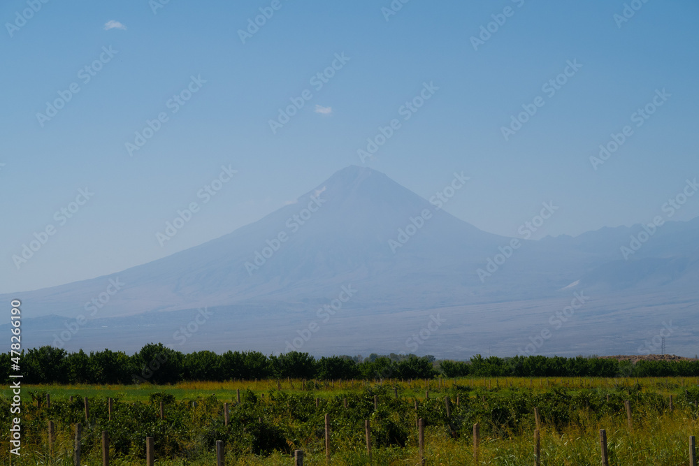 Aratrat mountain vineyards view. Grape field in Ararat valley. View of Khor Virap and Mount Ararat. Armenia picturesque mountain range landscape. Stock photography