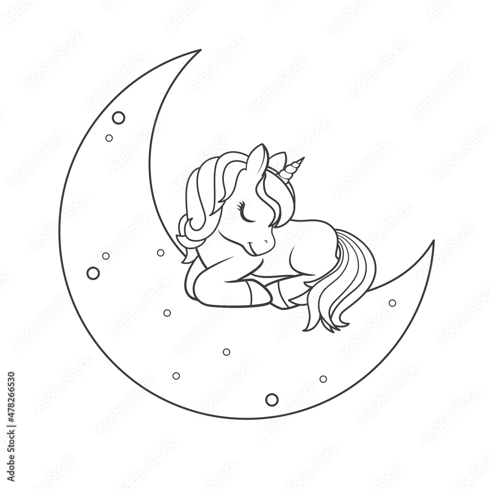 Cute unicorn sleeping on the moon. Vector illustration isolated on ...