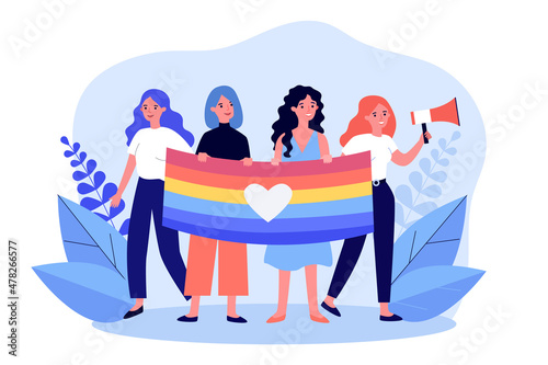 Women holding rainbow flag with heart in hands on parade. Celebration of pride month by young people flat vector illustration. Love, LGBTQ concept for banner, website design or landing web page