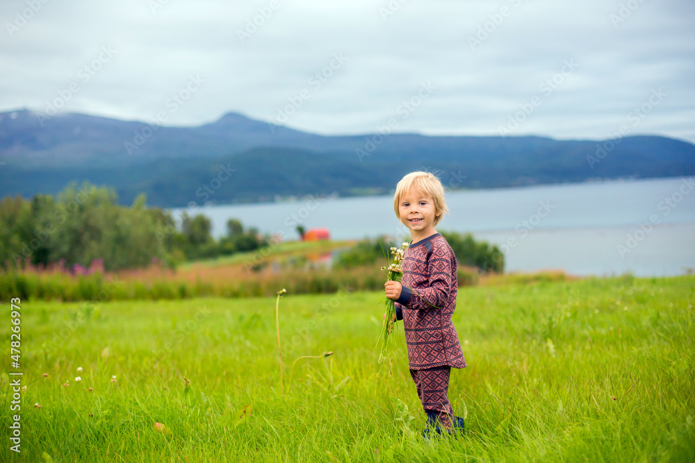 Beautiful toddler child, blond boy in thermo cloths, having portraits in norwegian vast picturesque nature along a fjord with flowers, happy childhood
