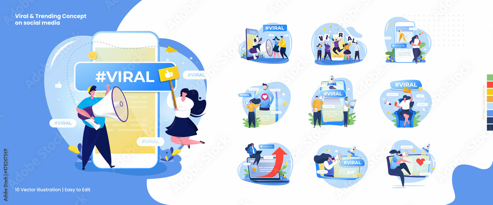 Illustration collection set of people on social media, viral or trending post