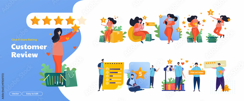 Fototapeta premium Illustration collection set of customer reviews by giving five star rating