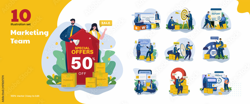 Marketing team strategy illustration collection set Marketing team strategy illustration collection set