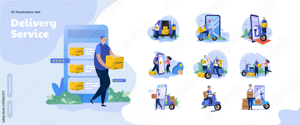 Online order with home delivery services illustration collection set Online order with home delivery services illustration collection set
