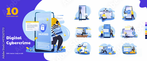 Digital theft cybercrime concept illustration set