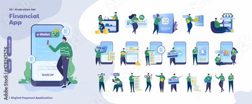 People using e-wallet application for financial transaction illustration set