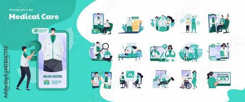 Online doctor and medical care concept on illustration collection set