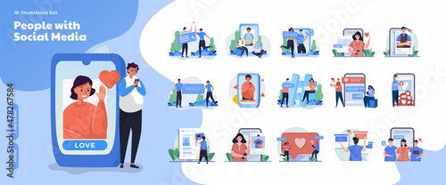 People on social media network on flat illustration collection set