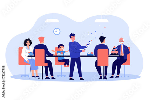 Happy family people gathering for festive dinner together. Adults and kids dining, sitting at table flat vector illustration. Holiday, lifestyle concept for banner, website design or landing web page