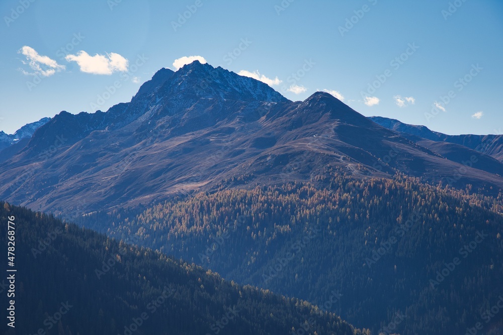 View of Jakobshorn, Davos Switzerland from Schatzalp on a sunny beautiful autumn day, nature refueling
