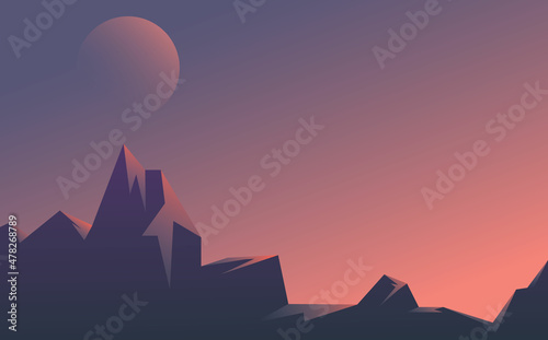 space landscape, pink and purple colors, sunrise or sunset on another planet, mountains, sky and satellite, vector image with a place for an inscription. © Coxic25