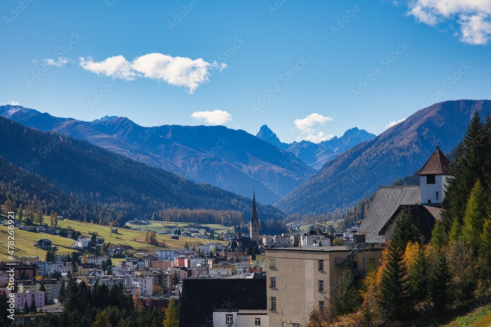 City of Davos Graubunden Switzerland, between mountains alps durring autumn, place of World Economic Forum
