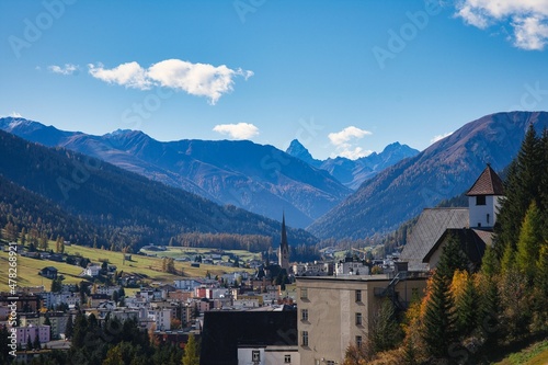 City of Davos Graubunden Switzerland, between mountains alps durring autumn, place of World Economic Forum © SimonMichael