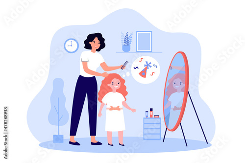 Mother combing hair of daughter in front of mirror. Happy woman preparing girl for holiday flat vector illustration. Family, celebration concept for banner, website design or landing web page