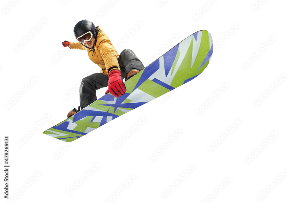 Leinwandbild Motiv - vitaliy_melnik : Snowboarder jumping through air with isolated background. Winter Sport background.