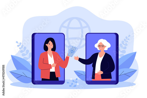Remittance from daughter to elderly mother. Woman sending money on phone screen flat vector illustration. Family, bank transfer, payment concept for banner, website design or landing web page
