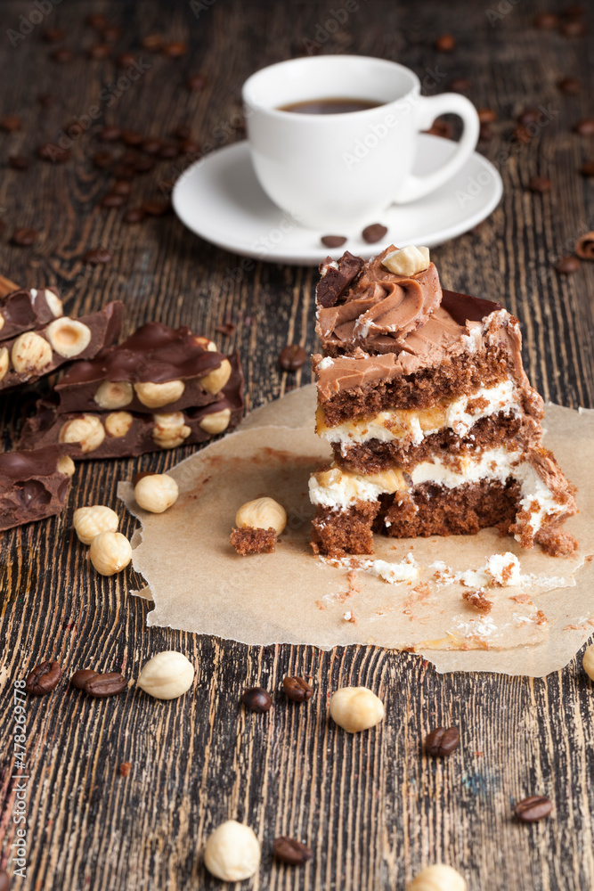 Fototapeta premium a piece of chocolate cake with cottage cheese filling