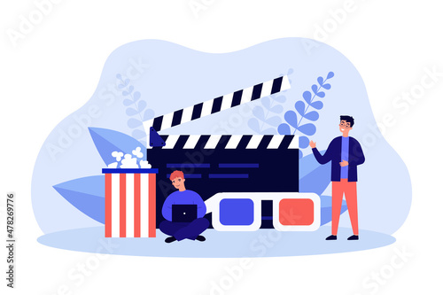 Cinema viewers with popcorn  clapperboard and 3D glasses. People and movie accessories flat vector illustration. Entertainment  cinematography concept for banner  website design or landing web page