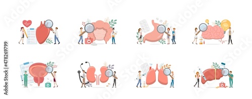 Combinations of 8 human organs with doctors or nurses or medical staff for health checks, vector comic cartoon