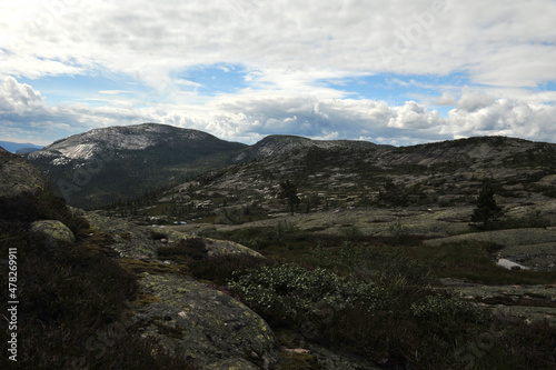 Cloudy day in the mountains of Vraadal, Norway. Haegefjell mountain in the background. Horizontal photo.