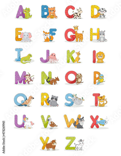 Alphabet for kids with cute animals colorful. Vector illustration.Cartoon style.Printable.