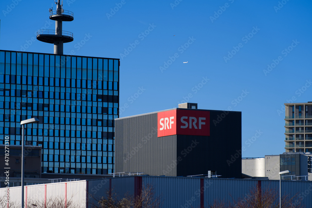 Headquarter and logo of Swiss national television SRF at Zurich Leutschenbach. Photo taken