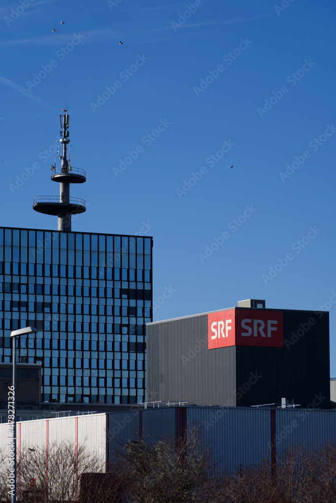 Headquarter and logo of Swiss national television SRF at Zurich Leutschenbach. Photo taken