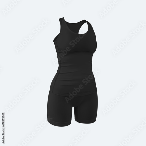 Mockup of black women's sportswear, tank top, shorts, 3D rendering, isolated on background, side view