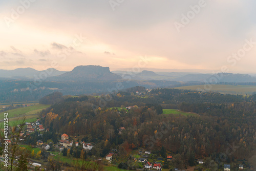 View of the mountain and the village. Czech Saxony. Natural landscape.