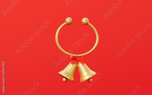 Golden ring and golden bells with red background, 3d rendering.