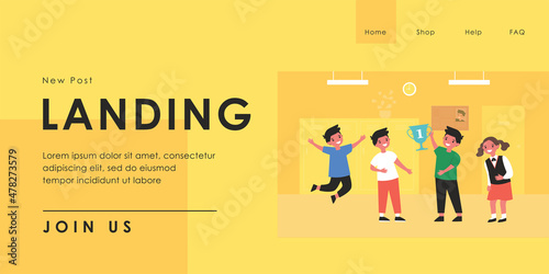 Happy pupils holding golden cup for first place in competition. Boys and girl rejoicing over victory flat vector illustration. Celebration, winner, achievement, trophy concept