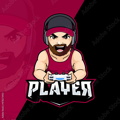 Muscular bearded man gamer mascot character for gaming esport logo designs