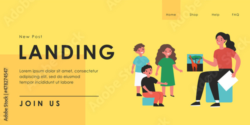 Young female teacher showing kids picture of giraffes. Woman teaching children, telling about animals flat vector illustration. Education, kindergarten, animals concept for banner, website design