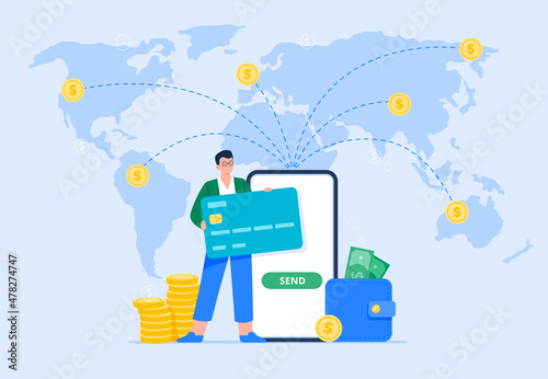 International money transfer and safe transactions. A male user sends money to different locations abroad using a mobile banking app. Easy banking, payments concept. Vector flat illustration. photo