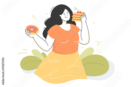 Sweet tooth lady getting fat by eating unhealthy food. Smiling adult woman devouring cake and doughnut and enjoying flat vector illustration. Importance of healthy lifestyle concept