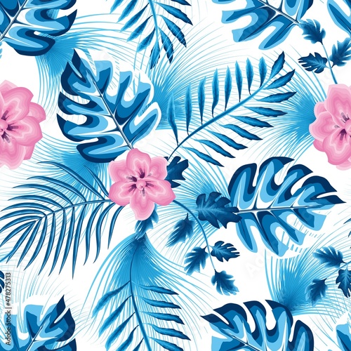 Hand drawn sweet colorful summer blooming flowers on pink florals background and Bright tropical monstera fern leaves texture in vector seamless pattern. Jungle print. Floral background. Exotic Summer