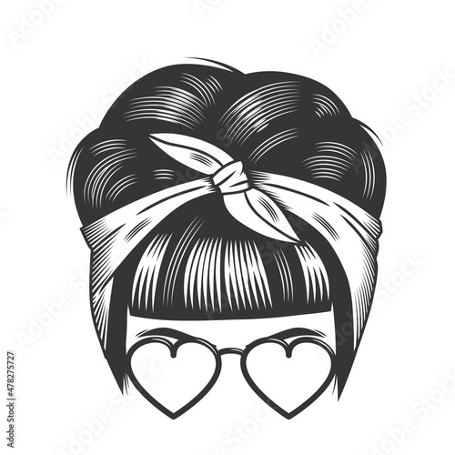 Woman love face with vintage hairband bun hairstyles and heart sunglass vector line art illustration.