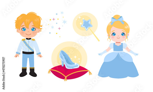 Cute Cinderella princess and prince fairy tale clipart. Flat vector cartoon design photo