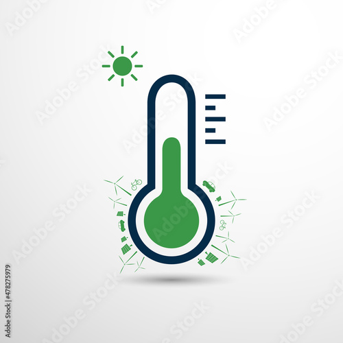 Fight Against Global Warming and Climate Change, Reach Carbon Neutrality - Flat Vector Design Concept with Thermometer and  Symbols of Various Alternative Energy Solutions, Green Transportation