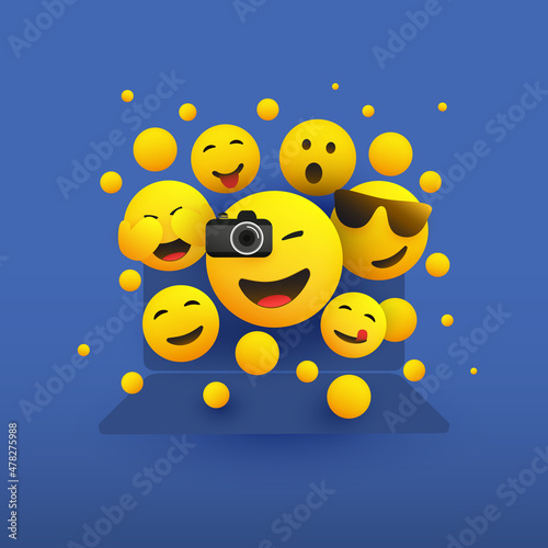Many Various Smiling, Cheering Happy Yellow Emoticons - People in Front of a Laptop Computer's Screen - Vector Design Concept