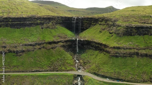 Aerial view of the Fossa waterfall at sunset. Faroe Islands, Denmark photo