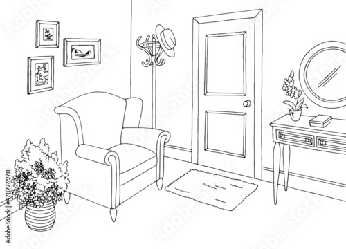 Hallway graphic black white home interior sketch illustration vector 