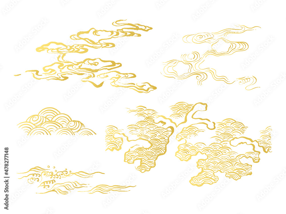 Vettoriale Stock 和風イラスト 毛筆のダイナミックな金色の波セット 青海波 海や水しぶき 和波コレクション かすれ 線画 Adobe Stock