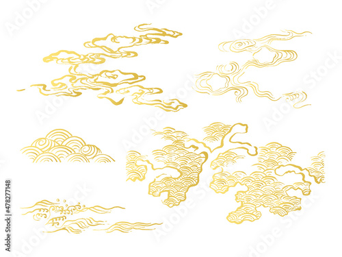 Slika na platnu 和風イラスト・毛筆のダイナミックな金色の波セット　青海波　海や水しぶき　和波コレクション　かすれ　線画