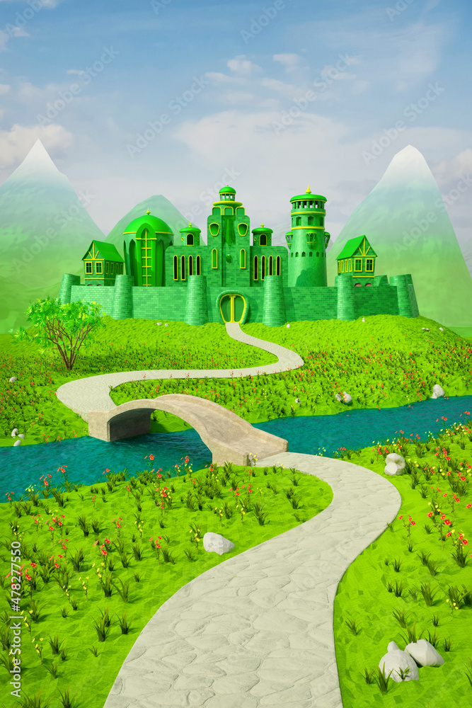 Way to Emerald Town with bridge across the river - 3d rendering