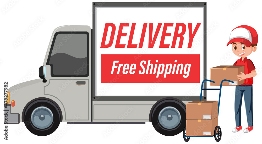 Delivery truck with free shipping banner Delivery truck with free shipping banner