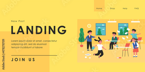 Children having fun in classroom while teacher absent. Flat vector illustration. Girls and boys going crazy, jumping, laughing, making mess in classroom at break. Childhood, behavior, school concept