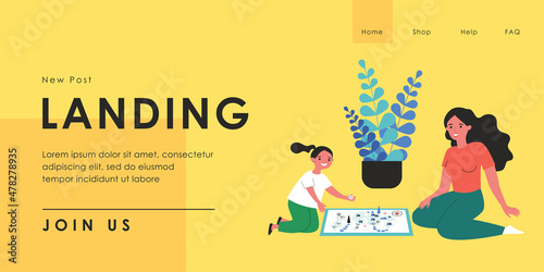 Woman playing board game with little girl. Flat vector illustration. Mom and daughter or sisters sitting on floor in front of game map with figures, having fun together. Family, game, playing concept